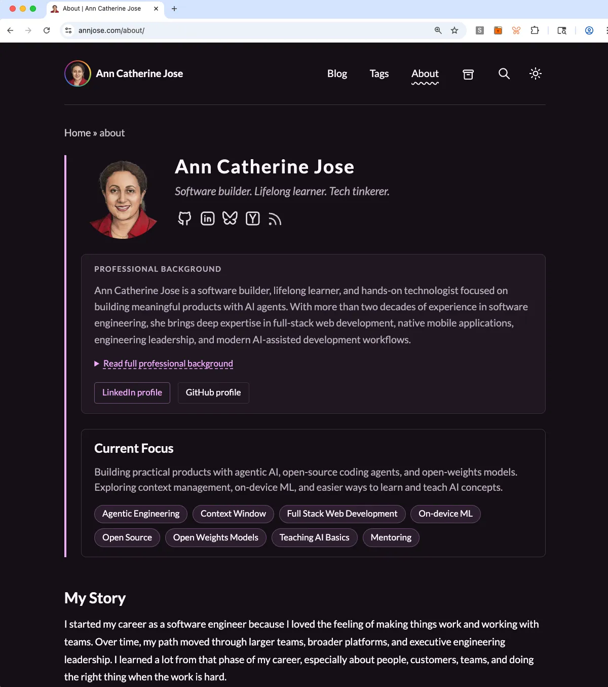 About page in Dark mode