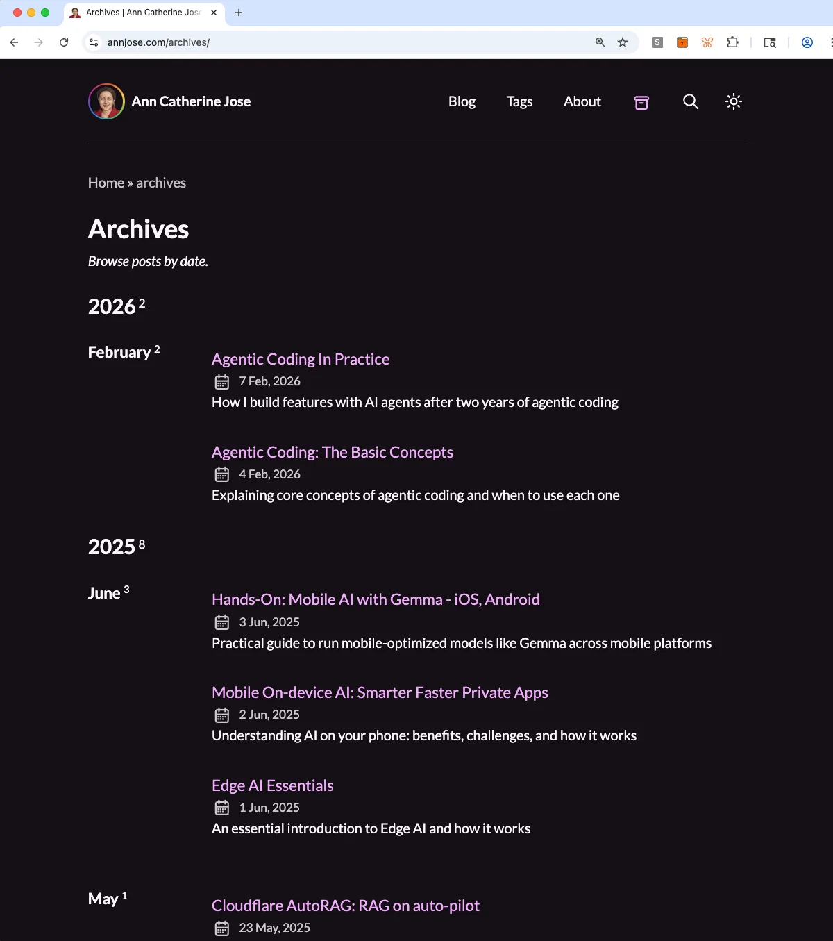 Archives page in Dark mode