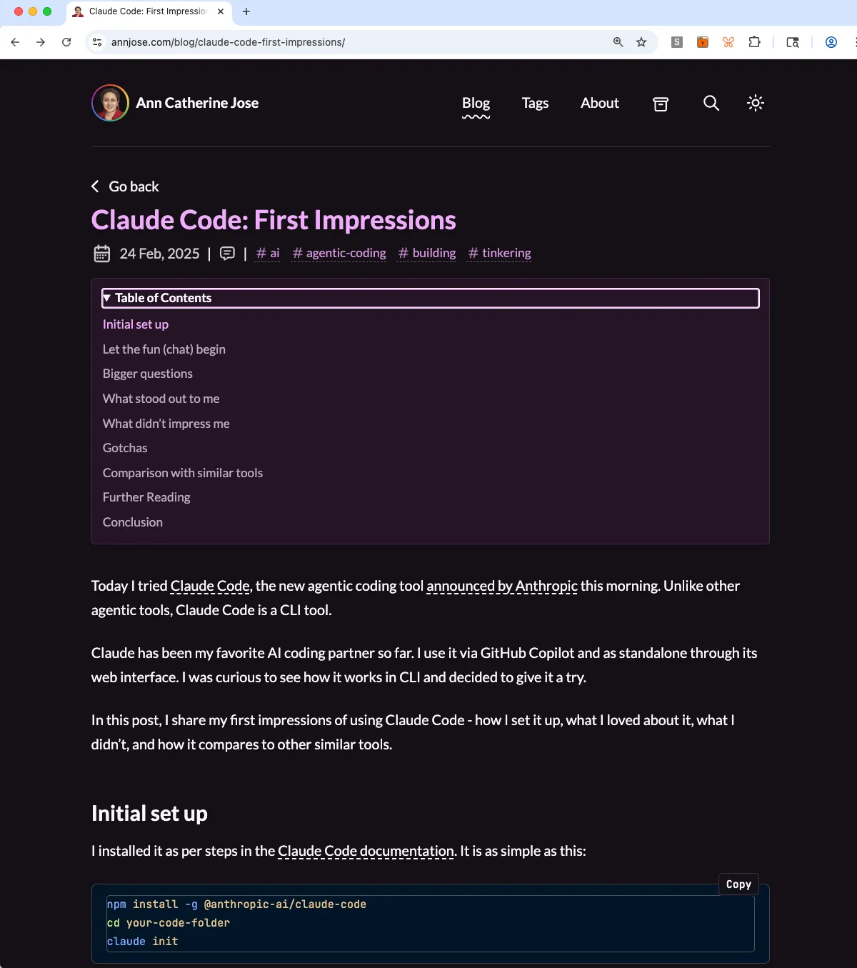 A post in Dark mode