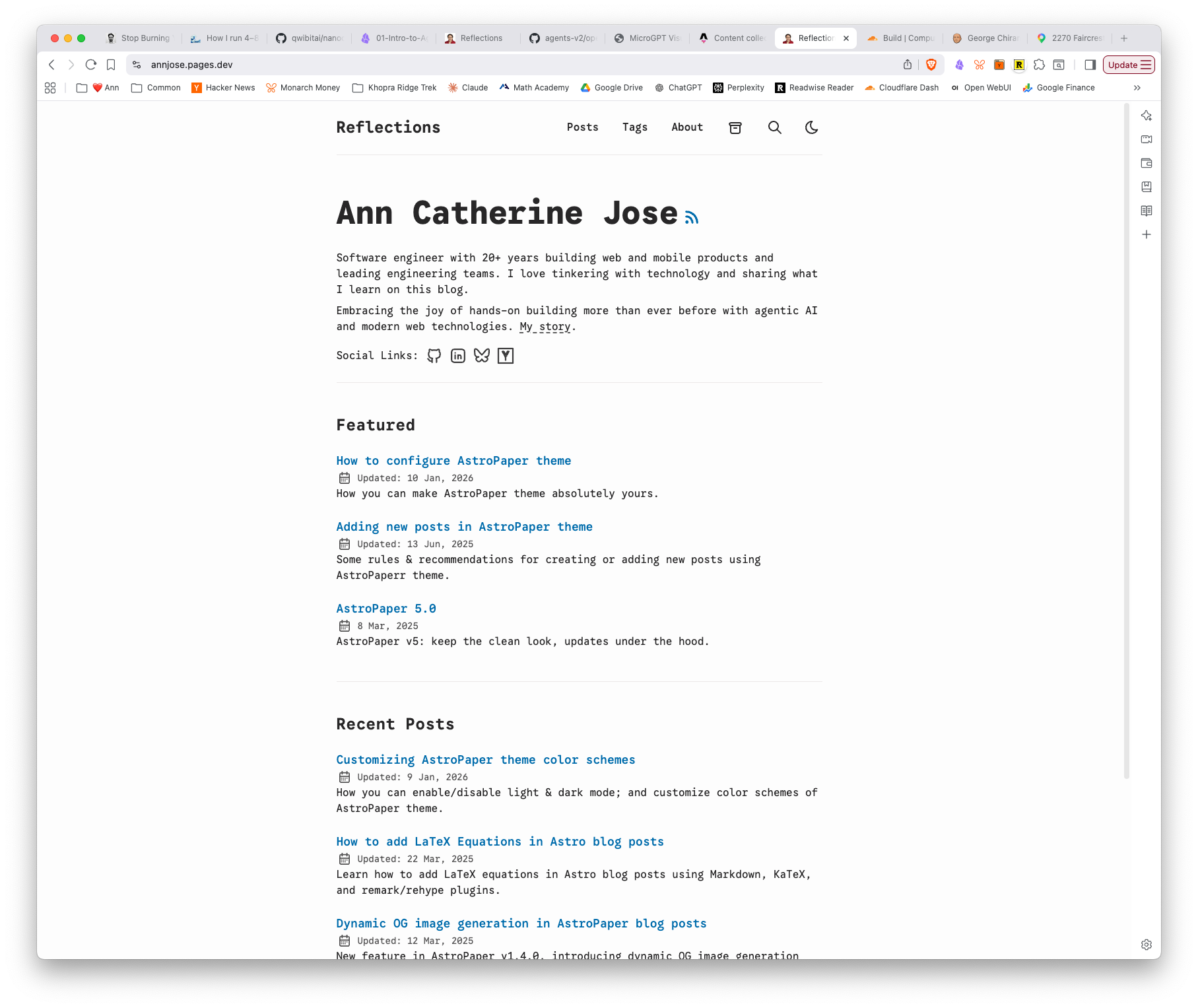 After configuring site metadata — my name, bio, and avatar, with AstroPaper's default blog content still in place
