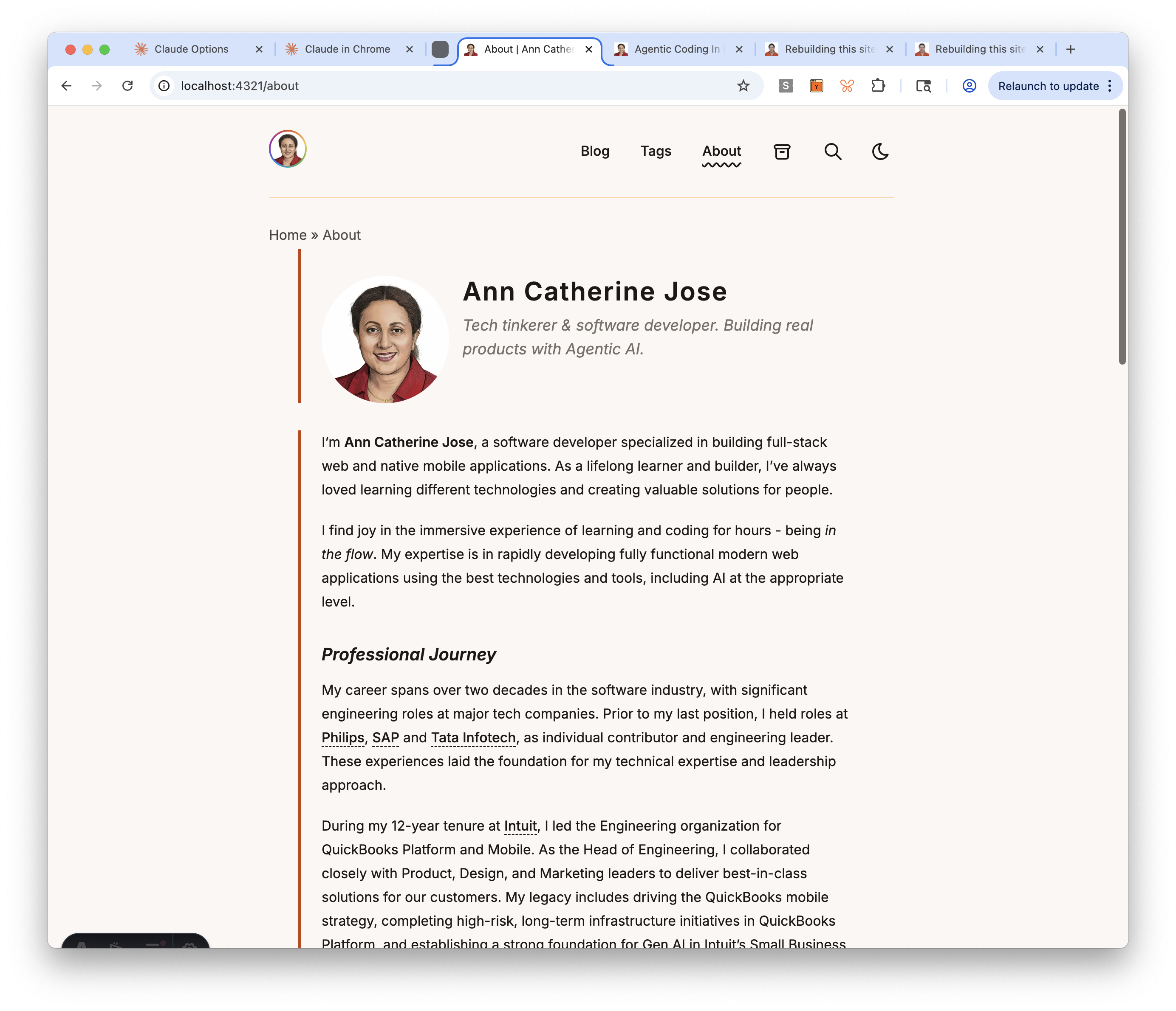 About page — hero section with photo, name, tagline, and bio
