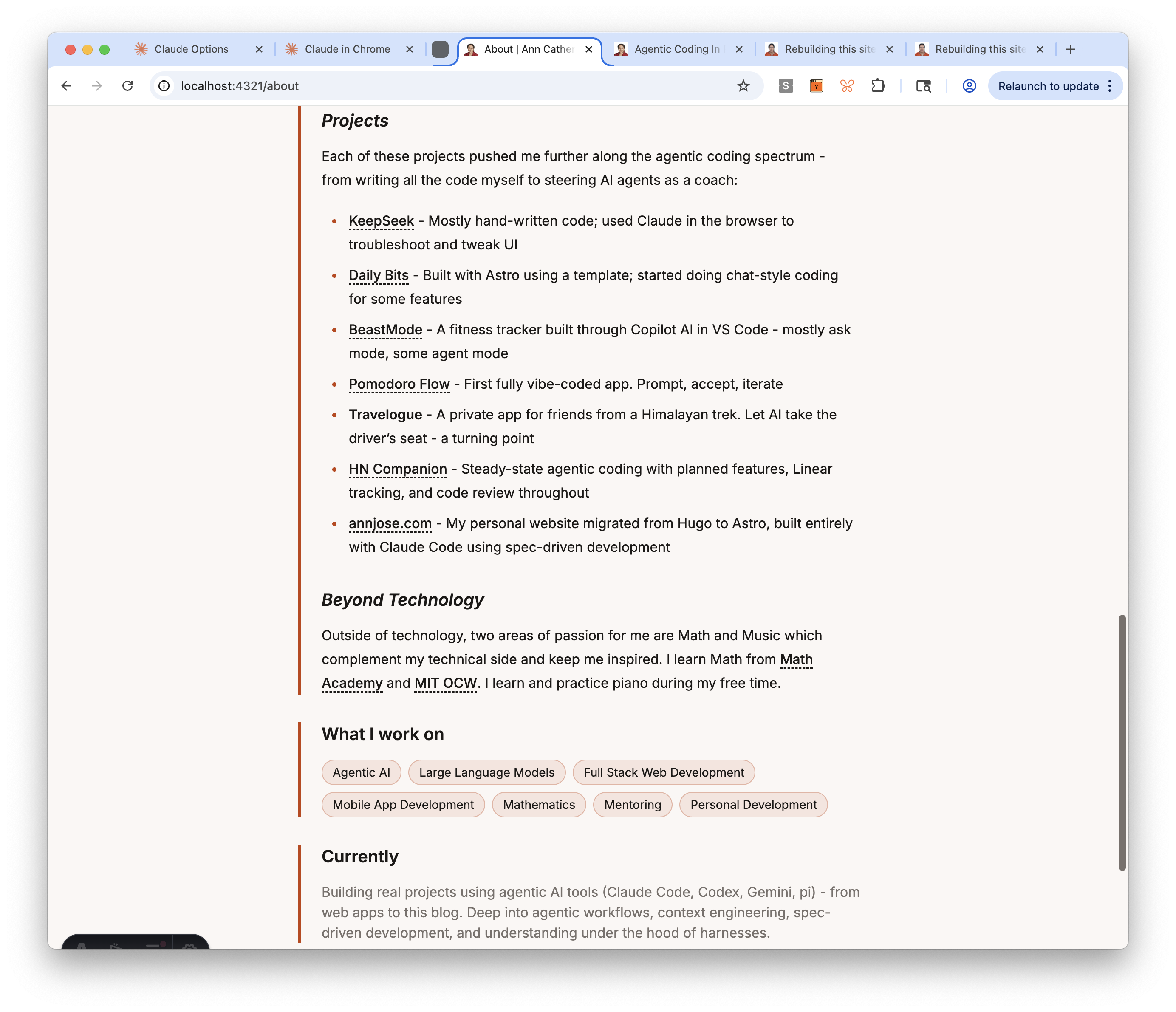 About page — interest tags, currently blurb, and social links