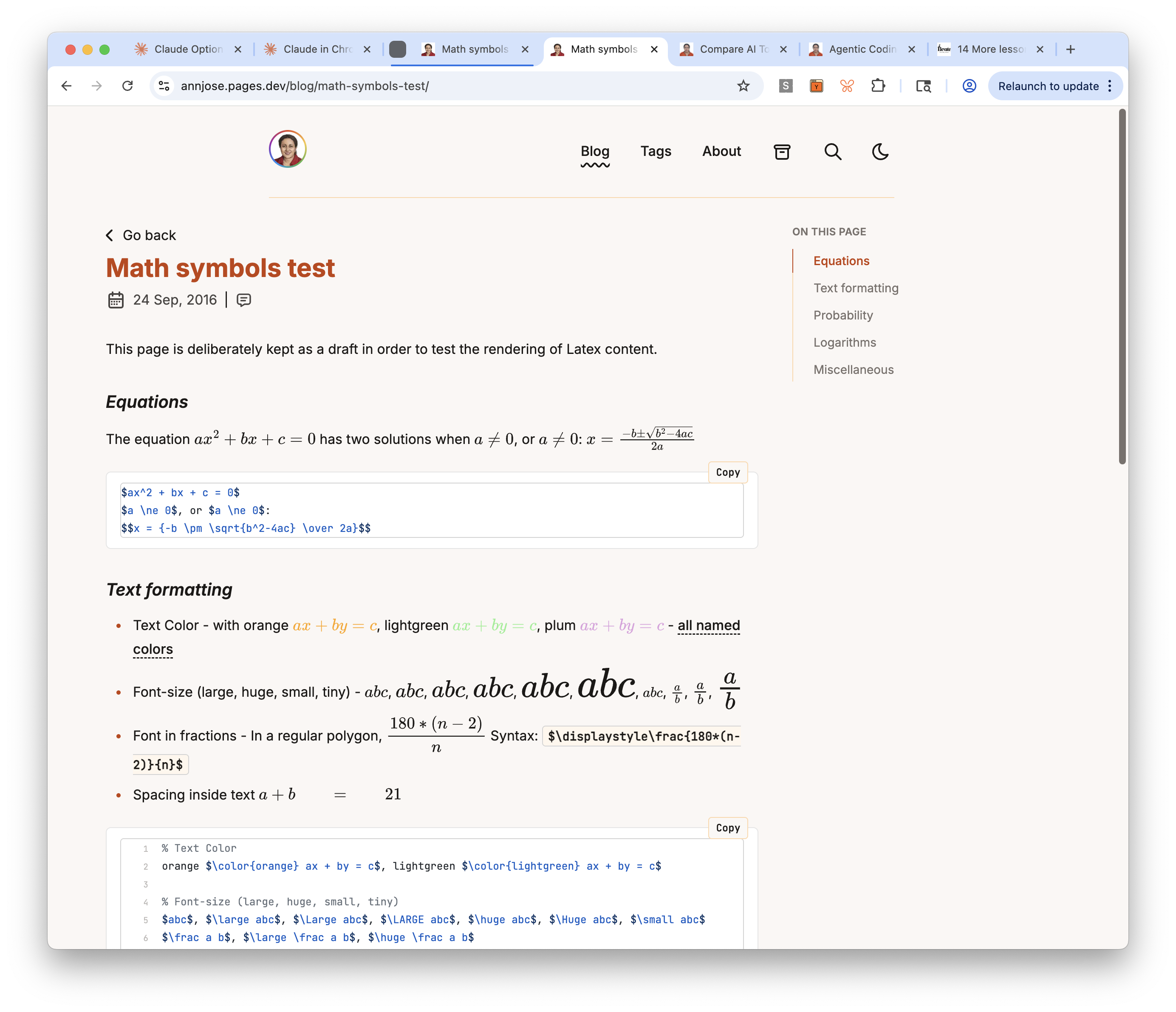 Math rendering with rehype-mathjax/svg — inline and display equations