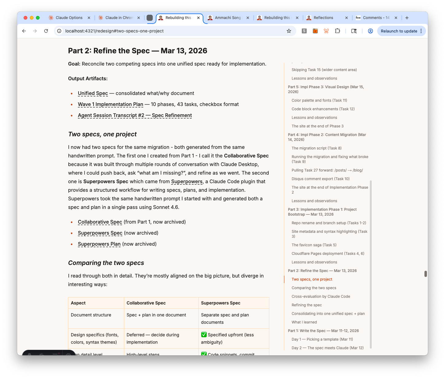 The redesign page scrolled down — TOC highlights the active section