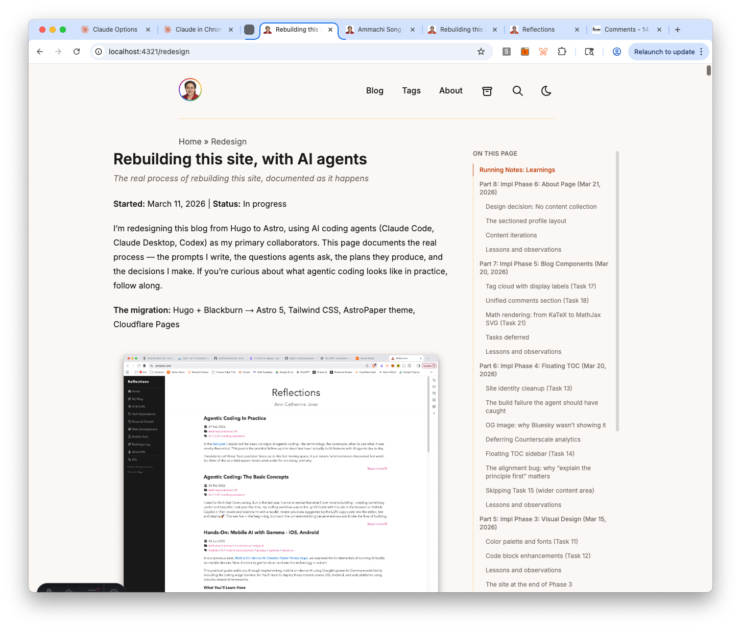 The redesign page on Astro — TOC sidebar with bold h2 headings