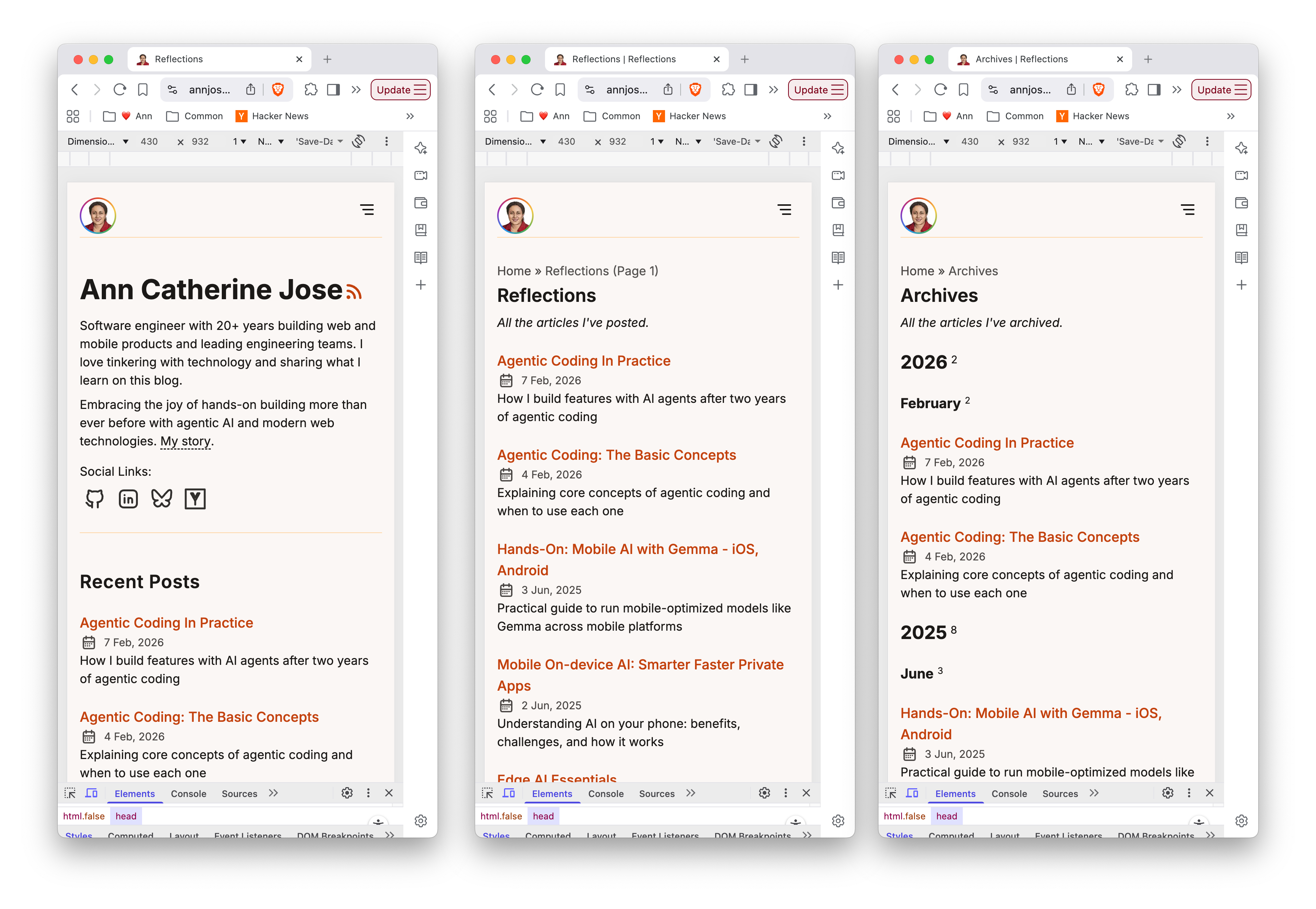 Mobile views — homepage, blog listing, and archives